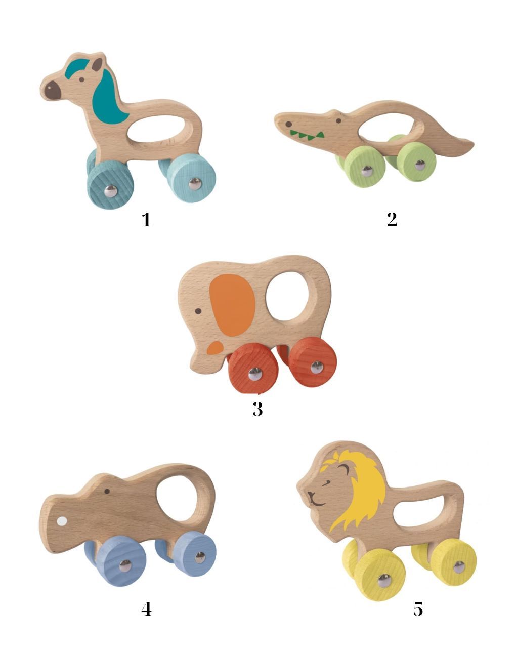 Wood’ n play ξύλινα ζωάκια με ρόδες (διάφορα σχέδια)