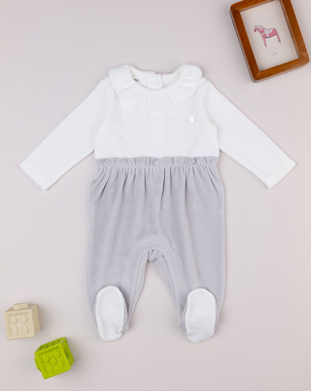 βρεφικό φορμάκι σενίλ λευκό/γκρι teddy για κορίτσι - Prénatal