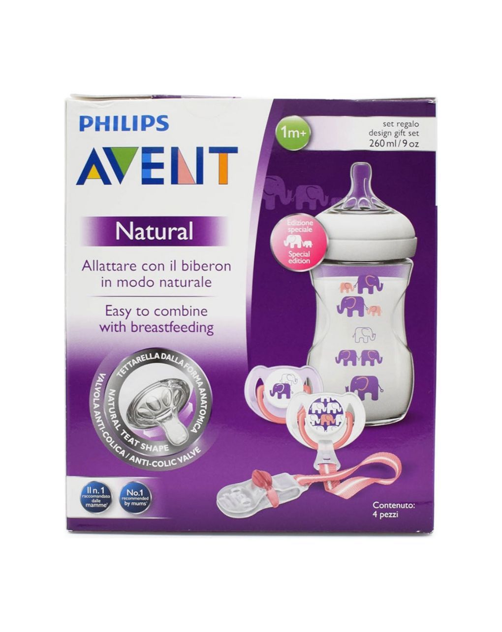 Philips avent σετ δώρου πλαστικό μπιμπερό 260ml +2 πιπίλεσ +1κλιπ elephant μωβ scd628/01 - Philips Avent