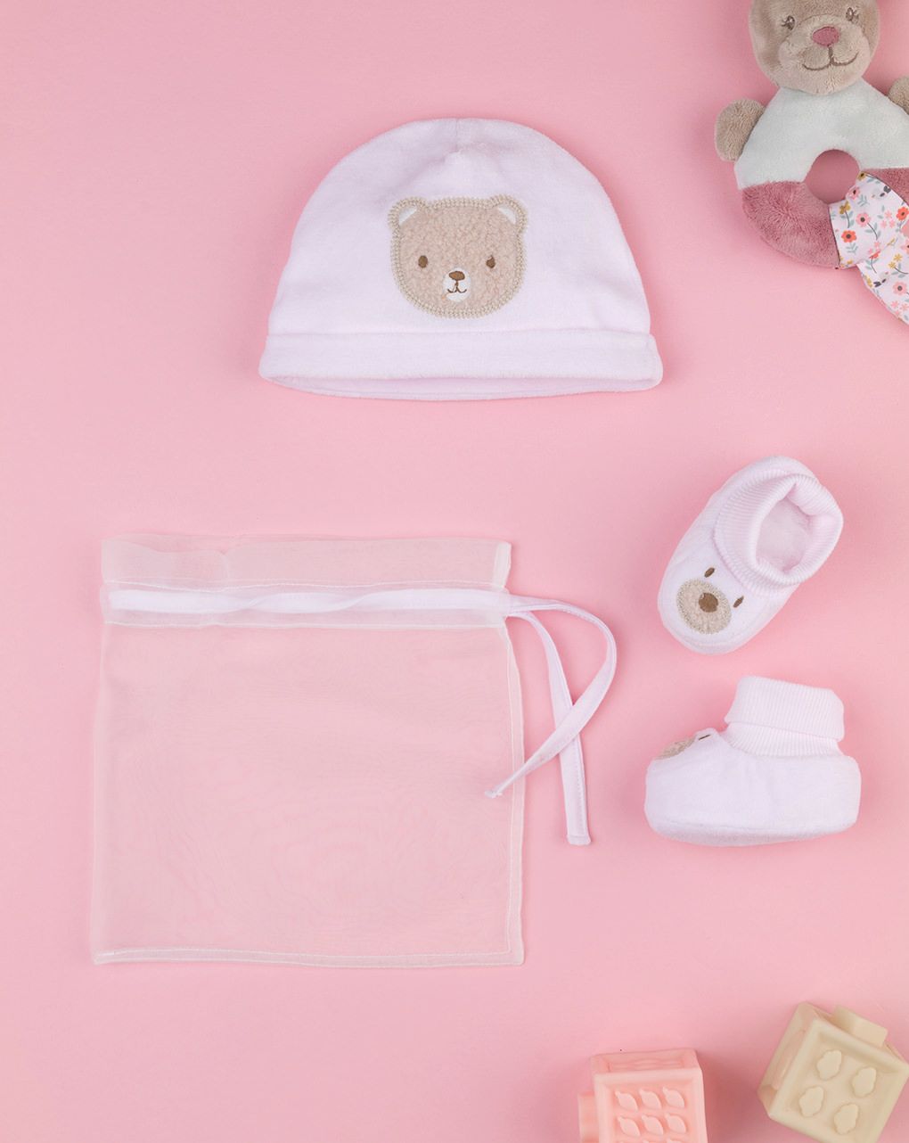 βρεφικό σετ σκουφάκι και παπούτσια αγκαλιάς teddy για κορίτσι