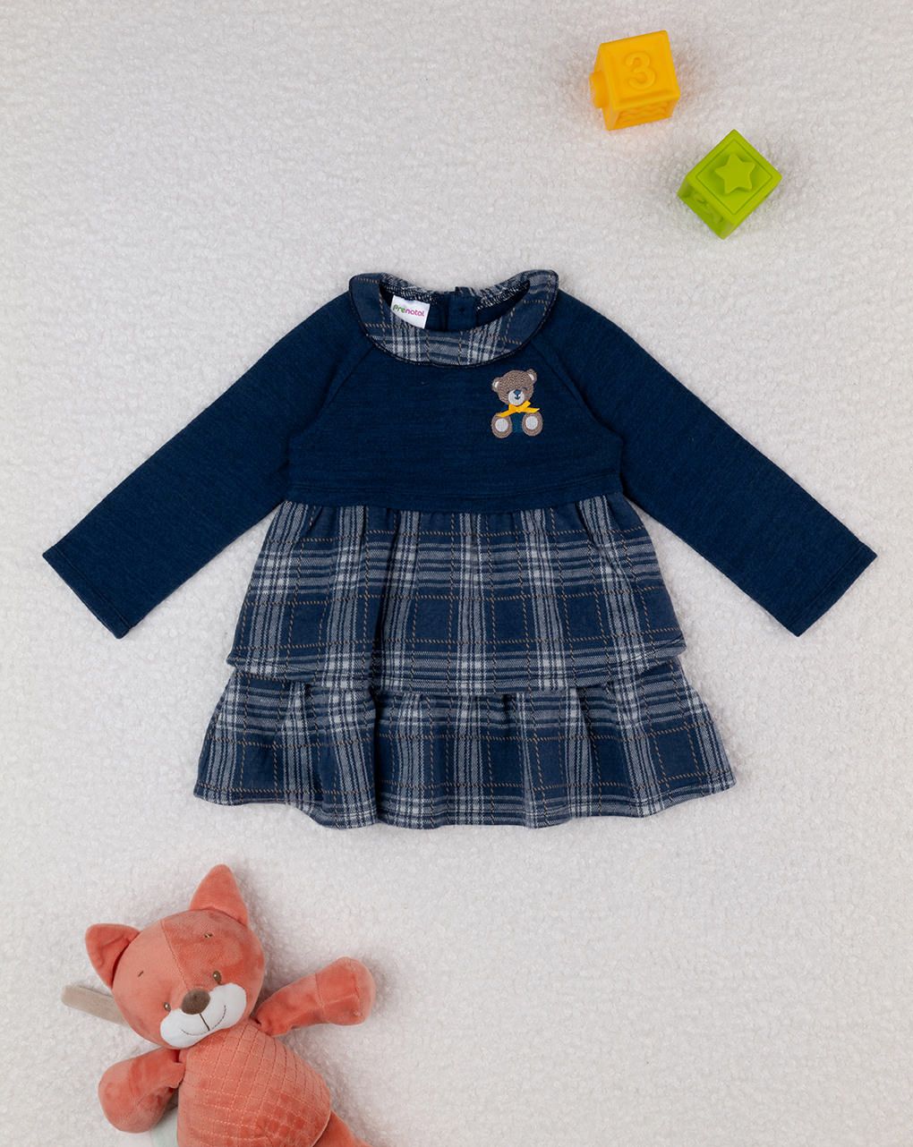 βρεφικό φόρεμα μπλε καρό teddy για κορίτσι