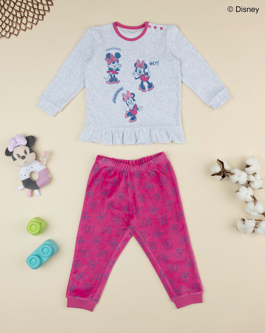 βρεφική πιτζάμα σενίλ γκρι/φούξια minnie για κορίτσι