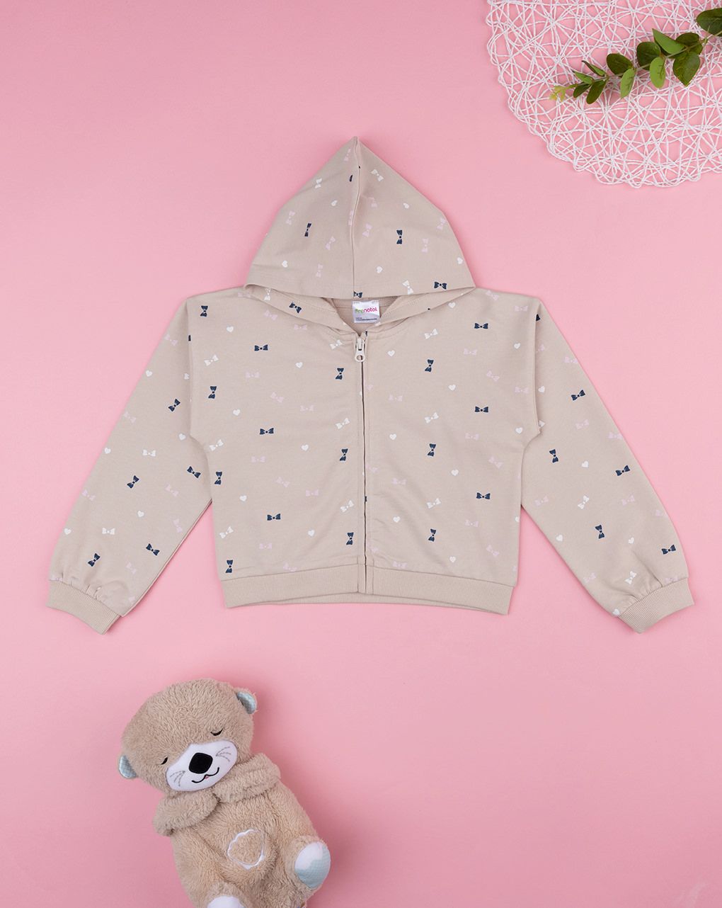 παιδική ζακέτα φούτερ μπεζ με φιογκάκια για κορίτσι