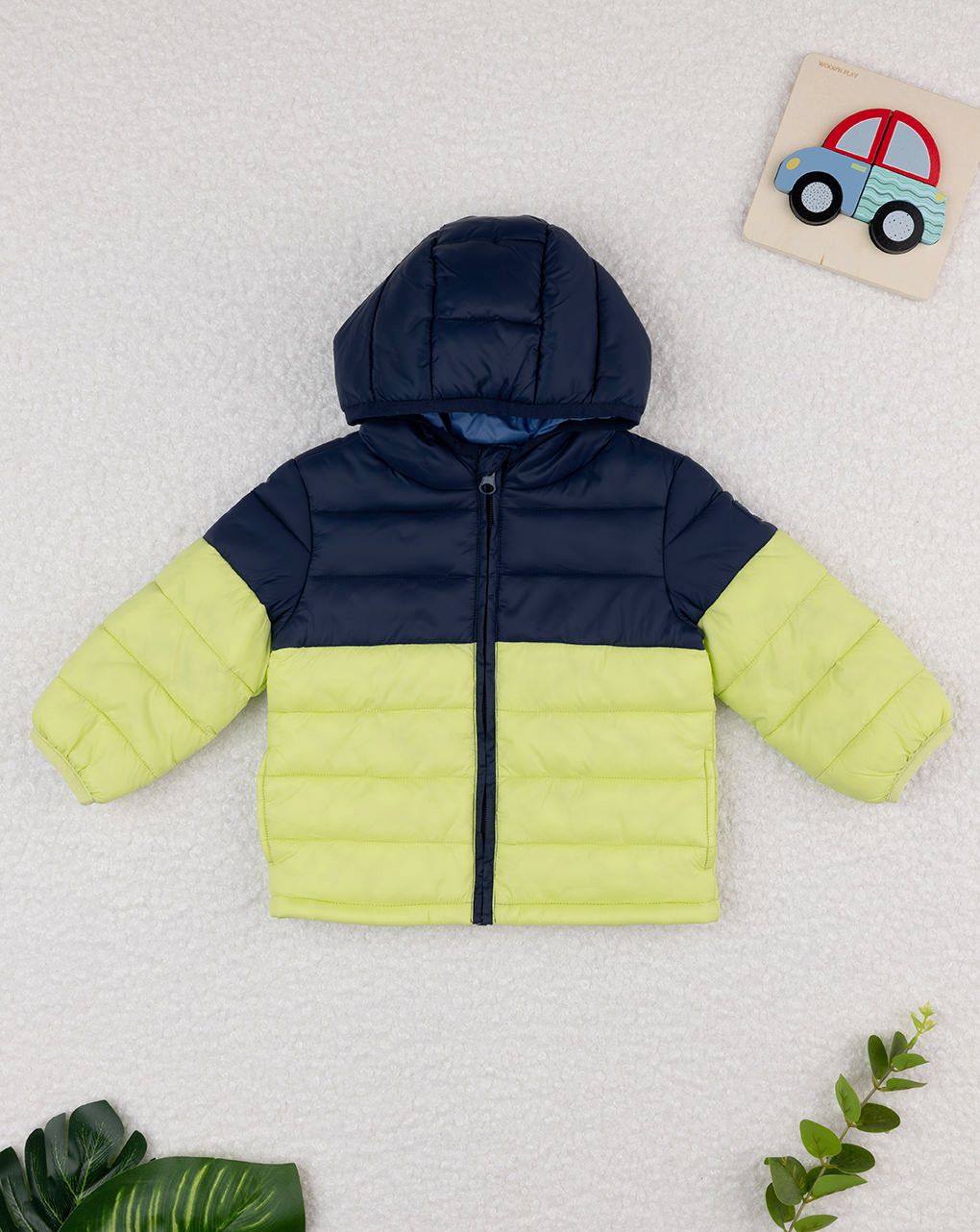 βρεφικό μπουφάν puffer μπλε/λαχανί για αγόρι