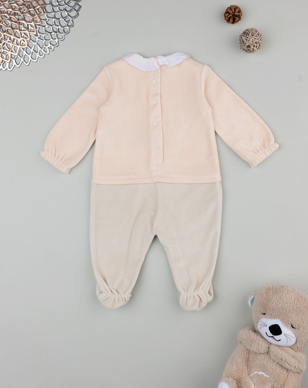 βρεφικό φορμάκι σενίλ σομόν/μπεζ φλοράλ για κορίτσι - Prénatal