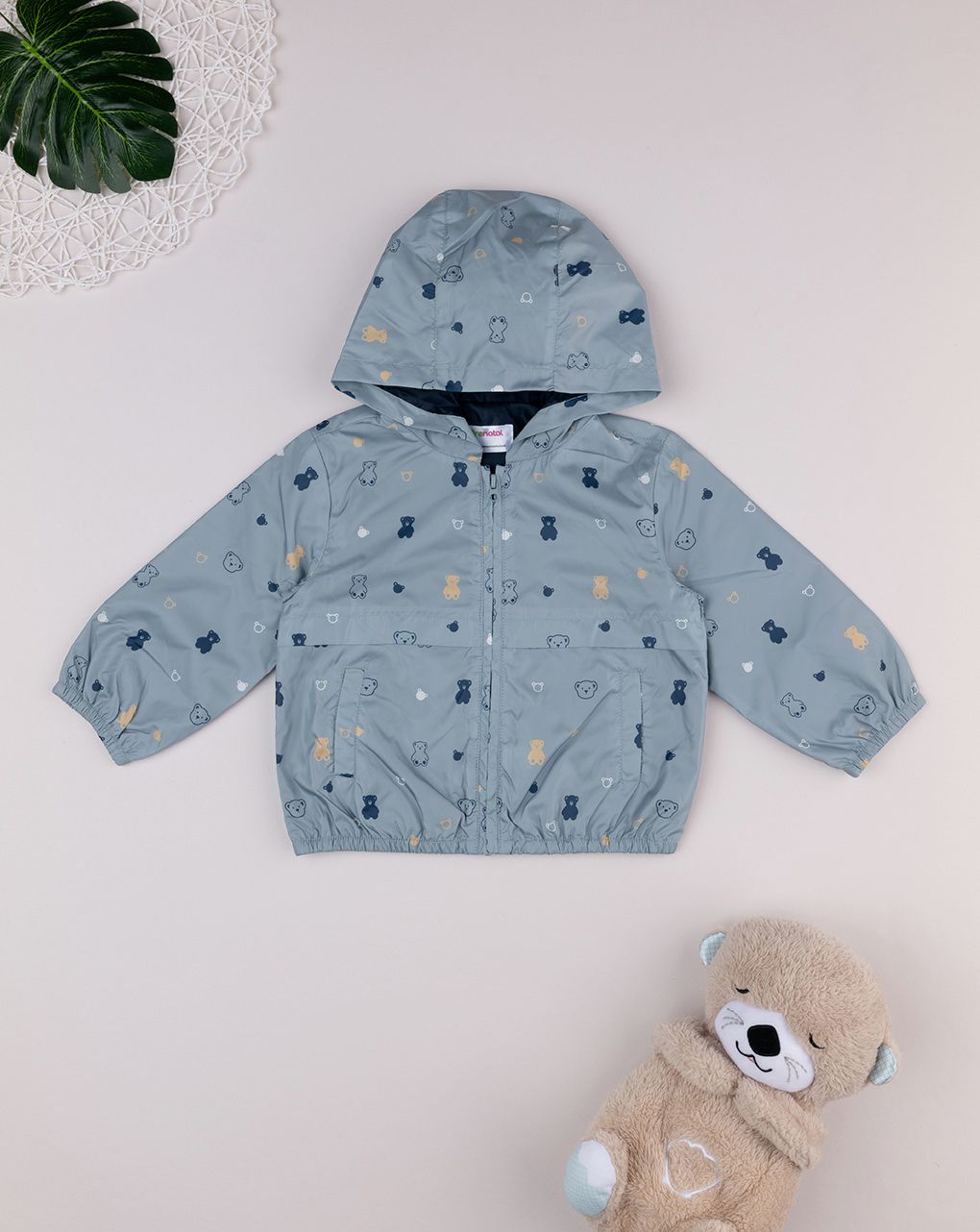 βρεφικό αντιανεμικό μπουφάν γκριζοπράσινο με αρκουδάκια για αγόρι