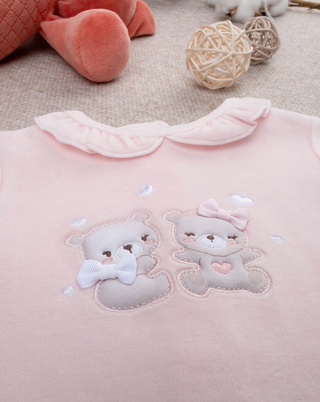 βρεφικό φορμάκι σενίλ ροζ με αρκουδάκια για κορίτσι - Prénatal