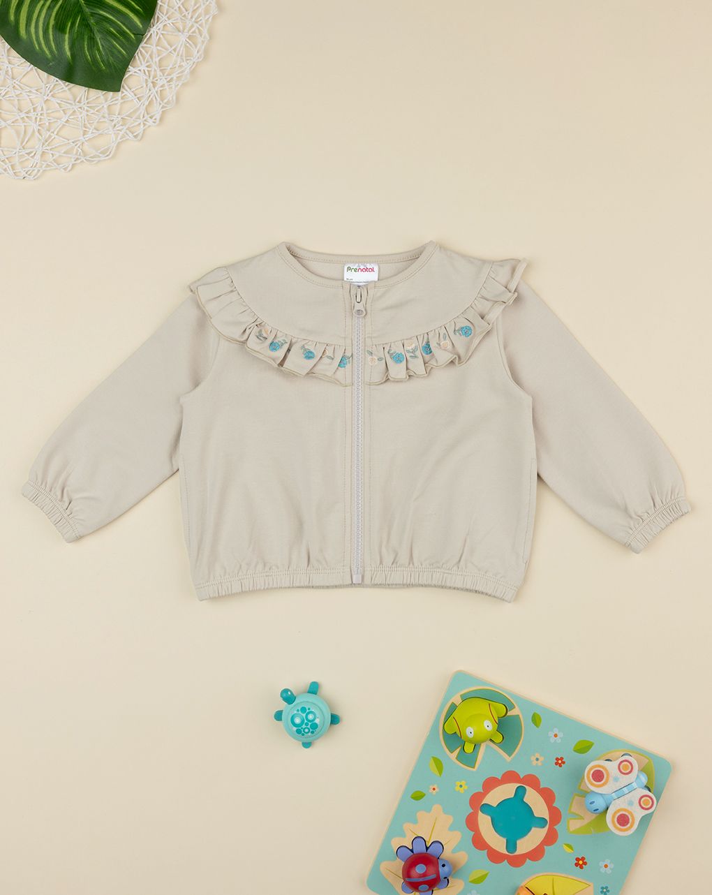 βρεφική ζακέτα φούτερ μπεζ με λουλούδια για κορίτσι - Prénatal