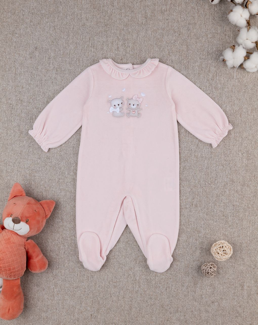βρεφικό φορμάκι σενίλ ροζ με αρκουδάκια για κορίτσι - Prénatal