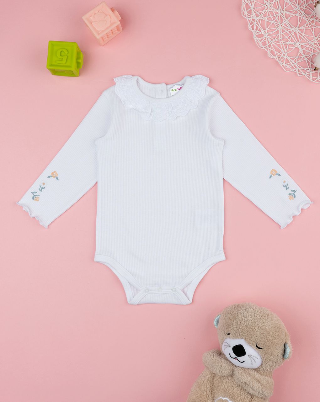 βρεφικό κορμάκι λευκό ριμπ με λουλούδια για κορίτσι - Prénatal