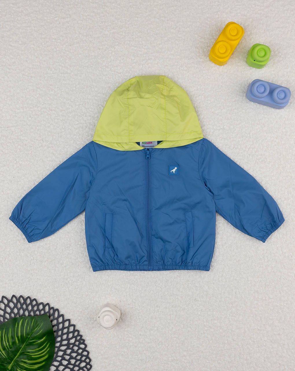 βρεφικό αντιανεμικό μπουφάν λαχανί/μπλε με δεινόσαυρο για αγόρι