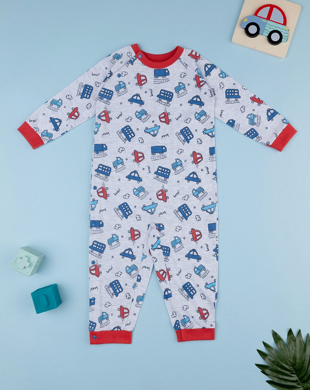 βρεφική ολόσωμη πιτζάμα γκρι με οχήματα για αγόρι - Prénatal