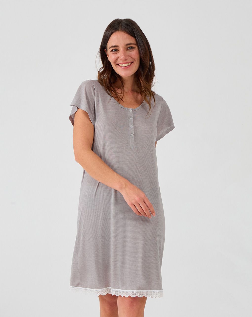γυναικείο νυχτικό εγκυμοσύνης/θηλασμού γκρι με δαντέλα - Prénatal