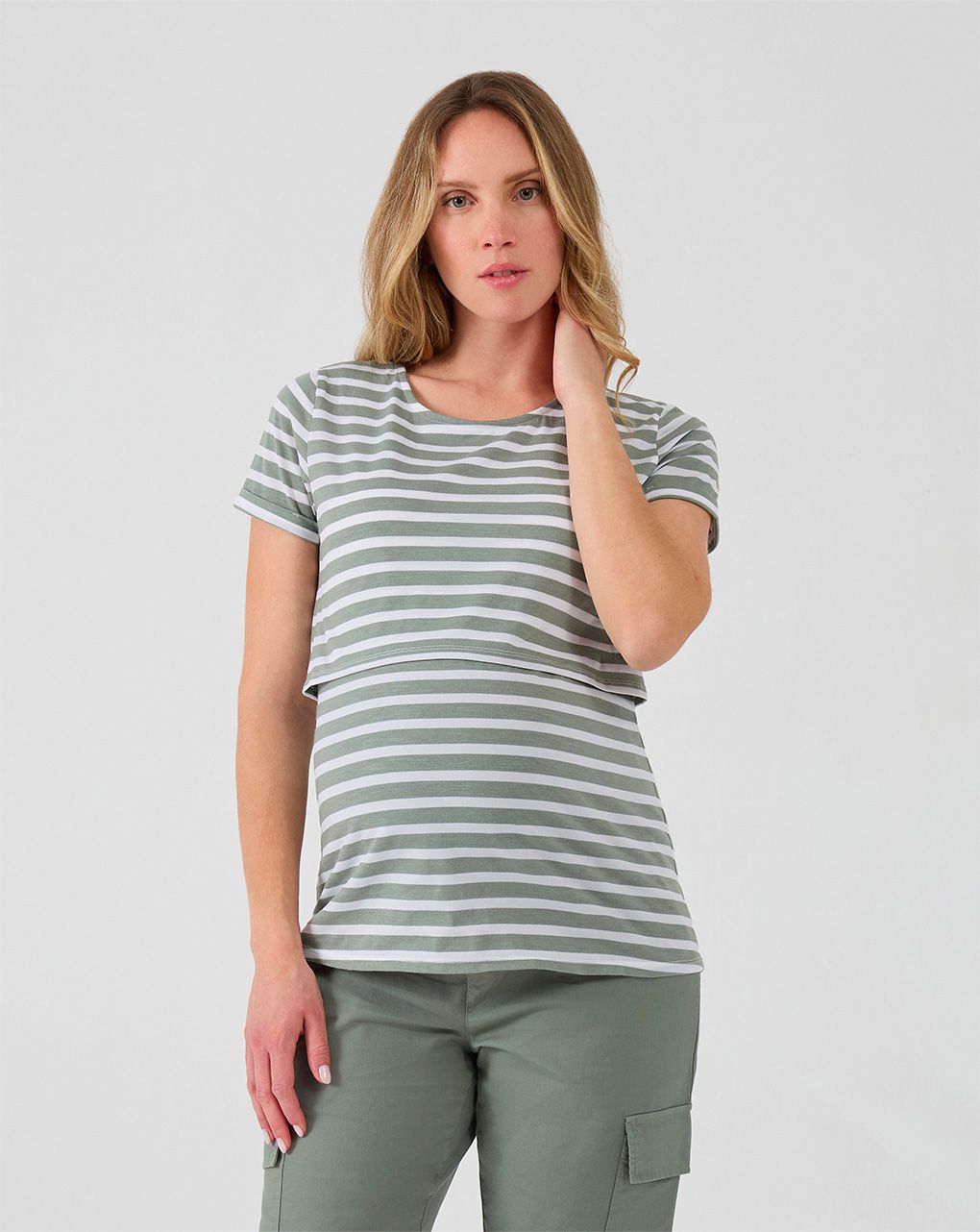 γυναικείο t-shirt εγκυμοσύνης/θηλασμού ριγέ λευκό/λαδί - Prénatal