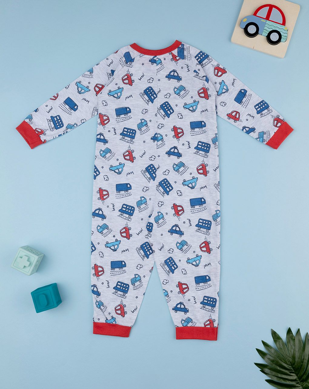 βρεφική ολόσωμη πιτζάμα γκρι με οχήματα για αγόρι - Prénatal