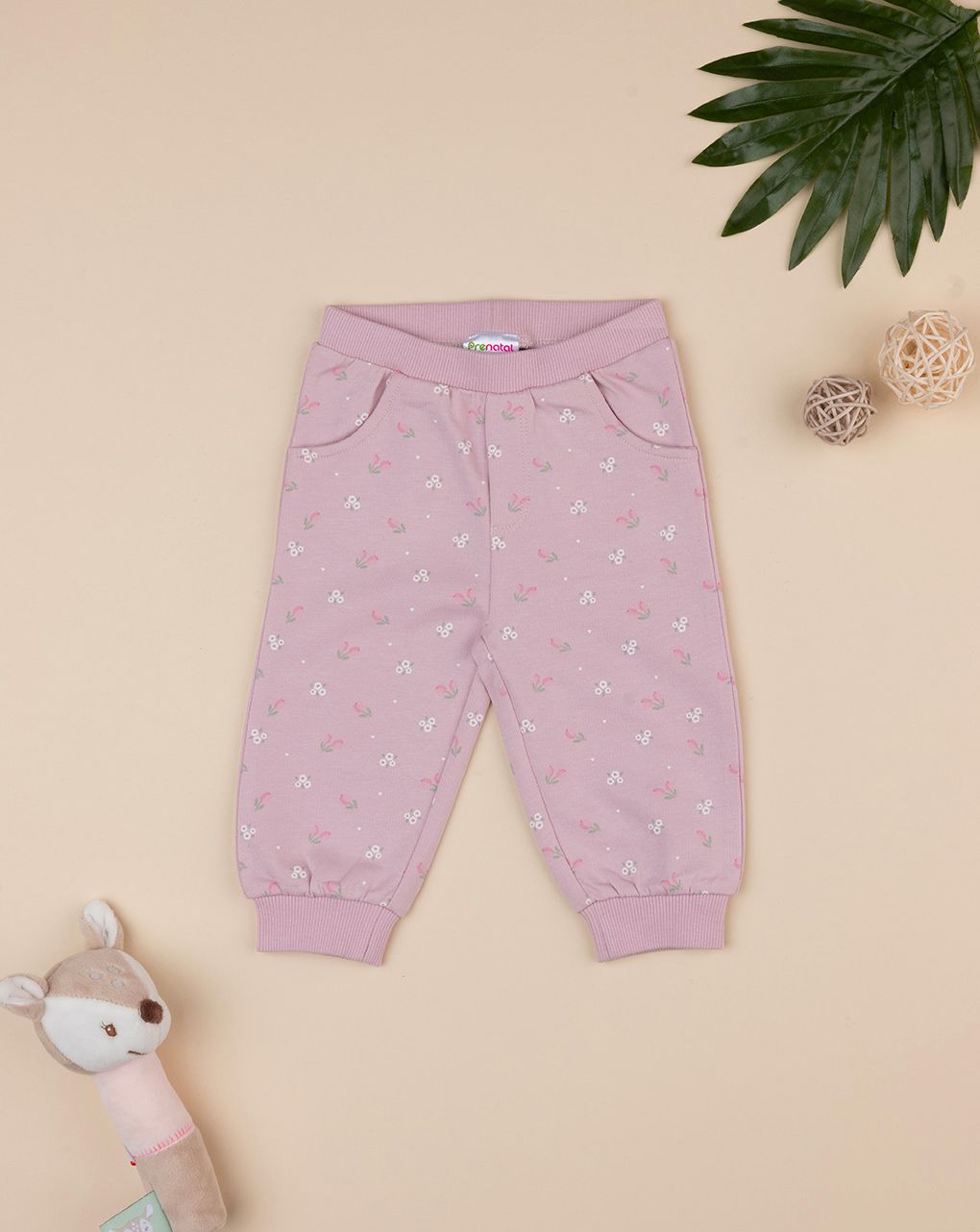 βρεφικό παντελόνι φόρμας ροζ με λουλούδια για κορίτσι