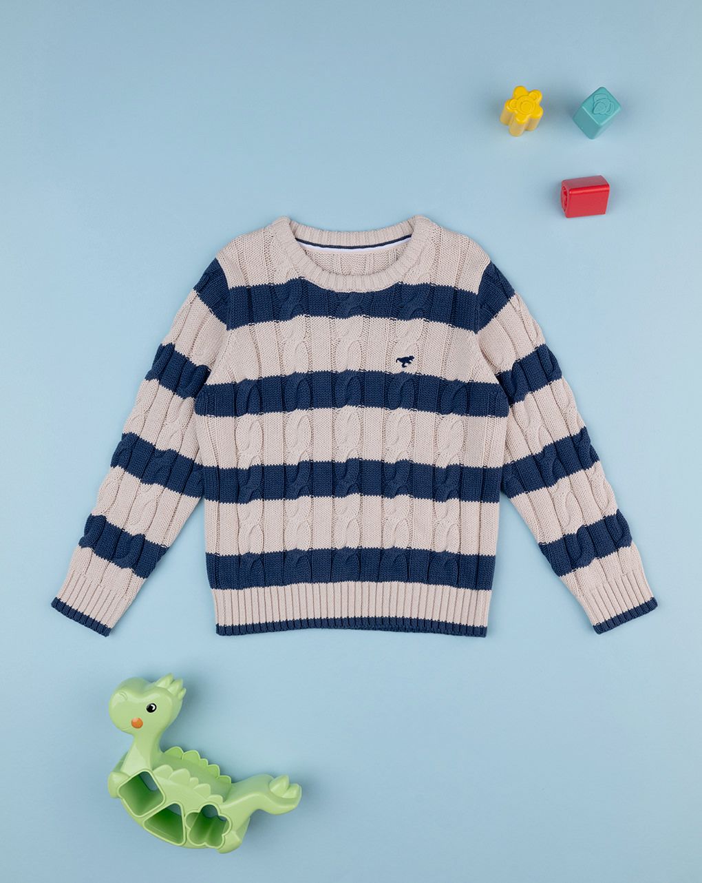 παιδικό πουλόβερ ριγέ μπεζ/μπλε dino για αγόρι