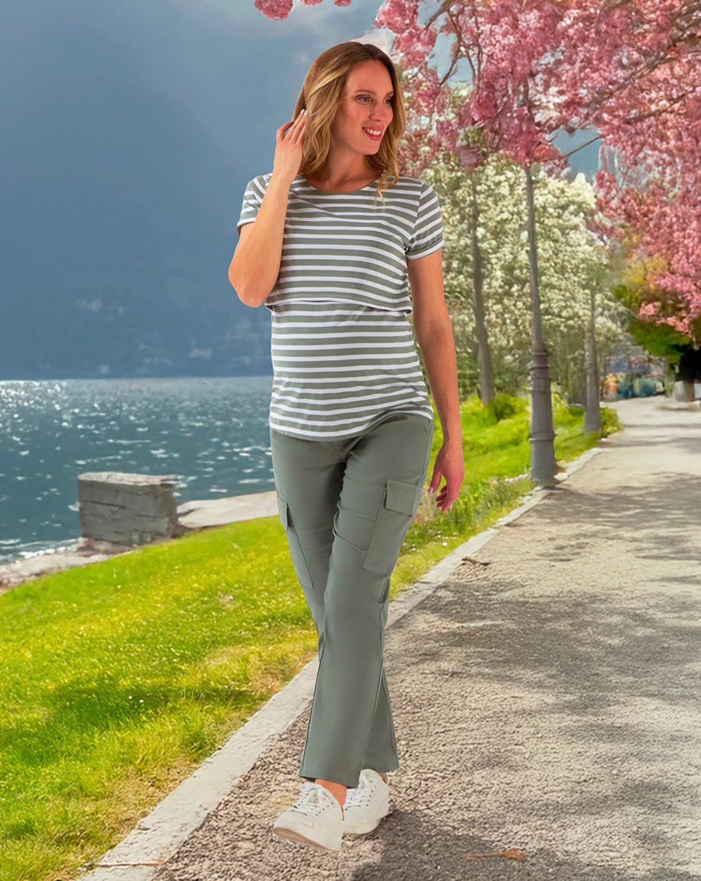 γυναικείο t-shirt εγκυμοσύνης/θηλασμού ριγέ λευκό/λαδί