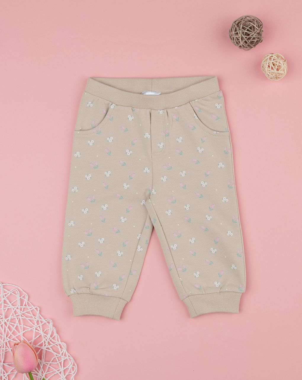 βρεφικό παντελόνι φόρμας μπεζ με λουλούδια για κορίτσι - Prénatal