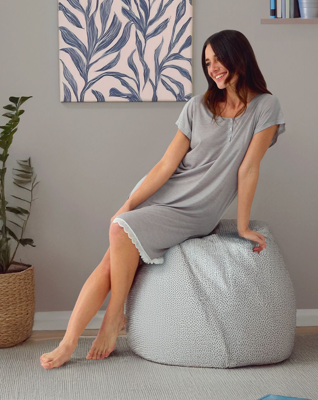 γυναικείο νυχτικό εγκυμοσύνης/θηλασμού γκρι με δαντέλα - Prénatal