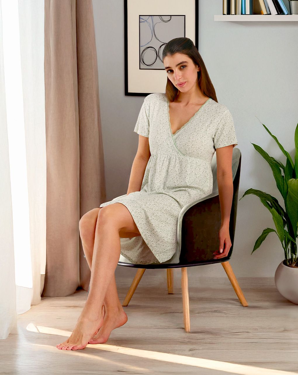 γυναικείο νυχτικό εγκυμοσύνης/θηλασμού φλοράλ μέντα - Prénatal