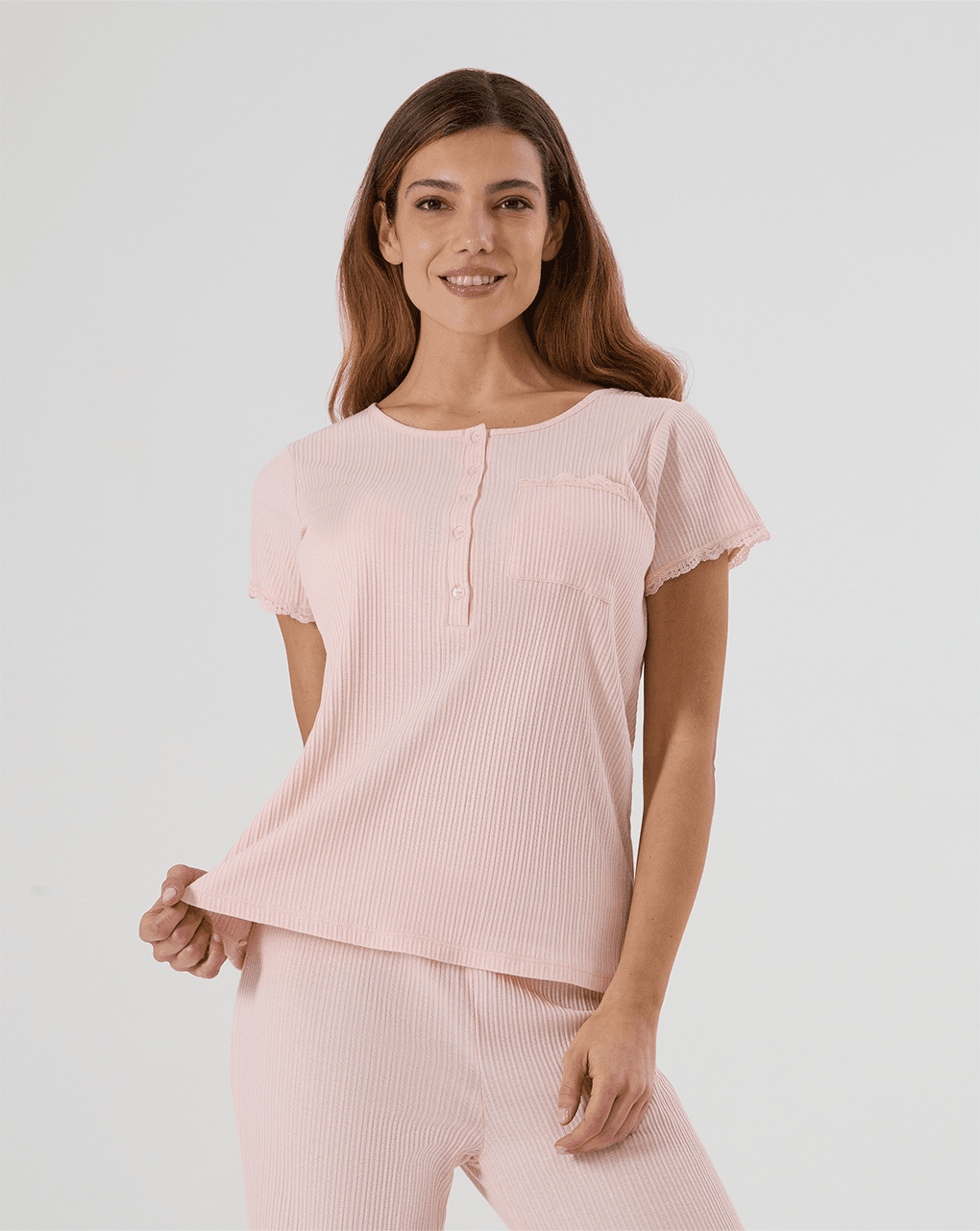 γυναικεία πιτζάμα εγκυμοσύνης/θηλασμού ροζ ριμπ - Prénatal