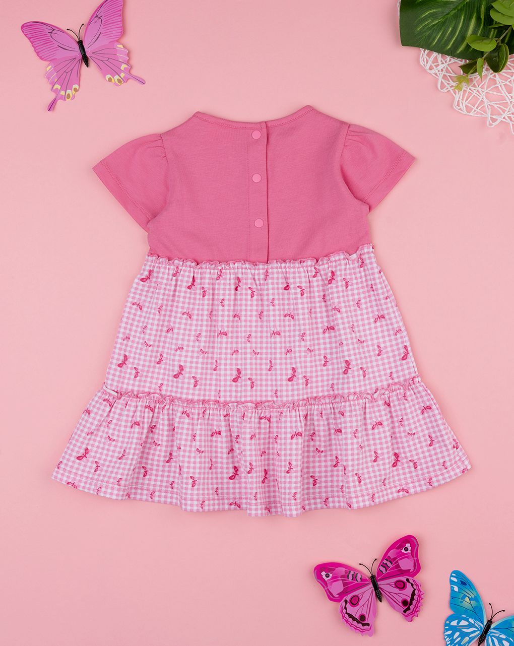 βρεφικό φόρεμα ροζ καρό με πεταλούδες για κορίτσι - Prénatal