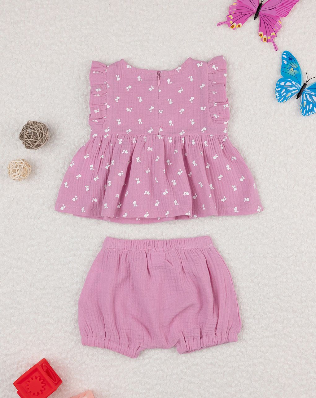 βρεφικό σετ μπλούζα και σορτσάκι μουσελίνα ροζ για κορίτσι - Prénatal