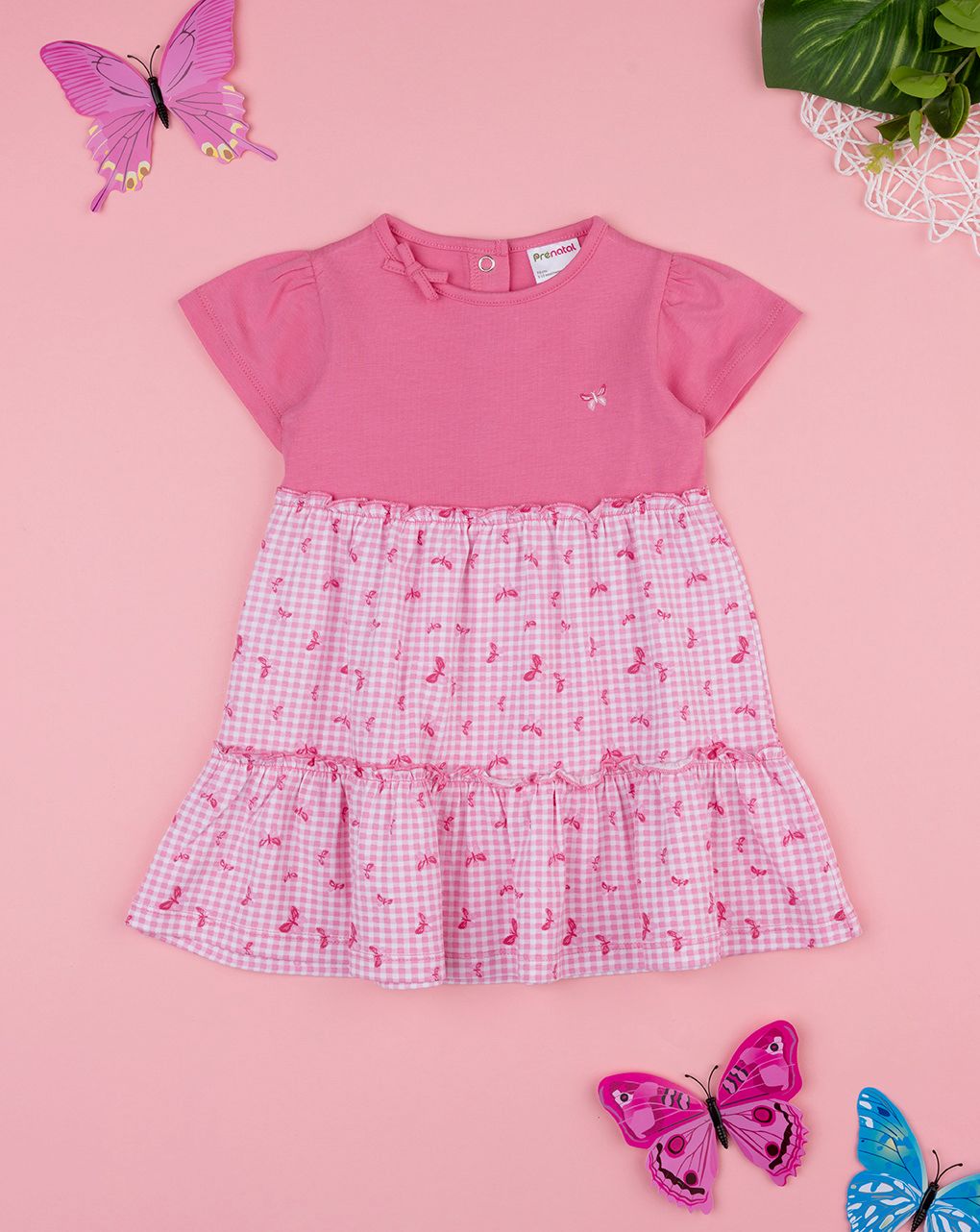 βρεφικό φόρεμα ροζ καρό με πεταλούδες για κορίτσι - Prénatal