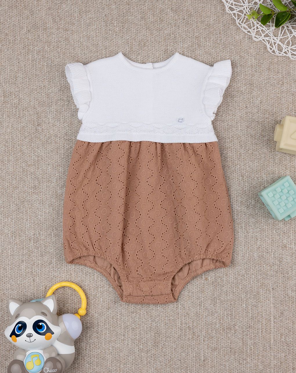 βρεφικό φορμάκι λευκό/καφέ δαντέλα sangallo για κορίτσι - Prénatal