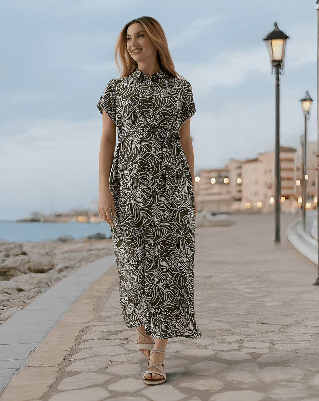 γυναικείο φόρεμα chemisier εγκυμοσύνης/θηλασμού πράσινο με μοτίβα