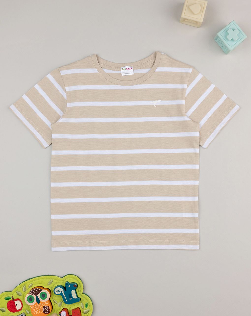 παιδικό t-shirt ριγέ μπεζ/ λευκό με δεινόσαυρο για αγόρι - Prénatal