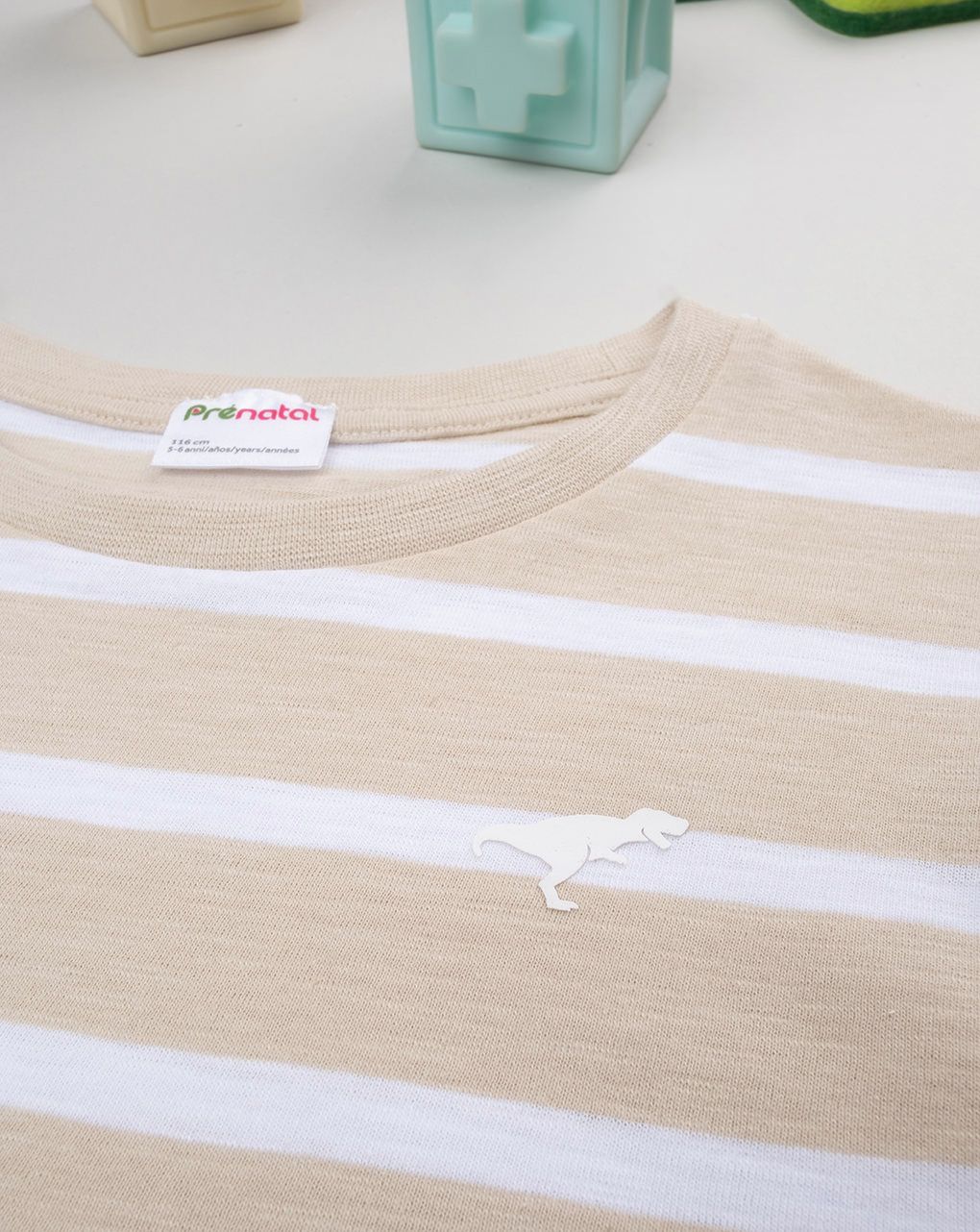 παιδικό t-shirt ριγέ μπεζ/ λευκό με δεινόσαυρο για αγόρι - Prénatal