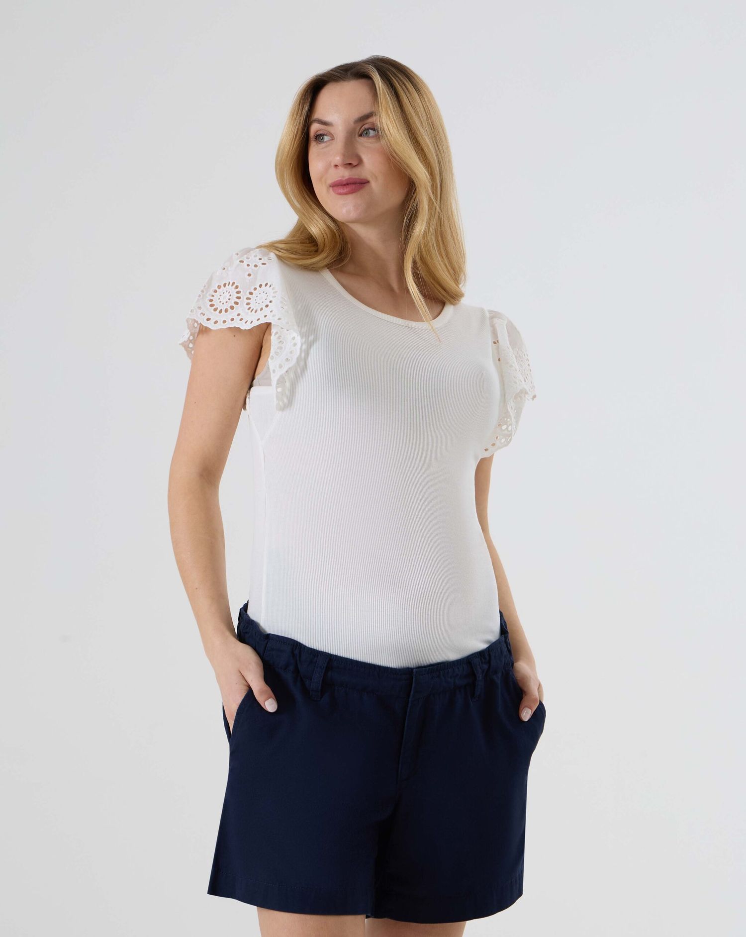 γυναικείο t-shirt εγκυμοσύνης λευκό ριμπ με δαντέλα sangallo - Prénatal