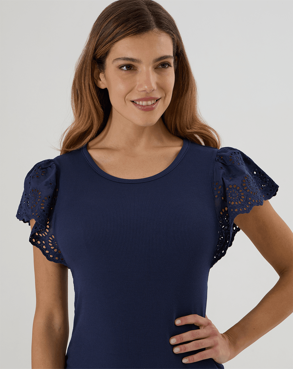 γυναικείο t-shirt εγκυμοσύνης μπλε ριμπ με δαντέλα sangallo - Prénatal