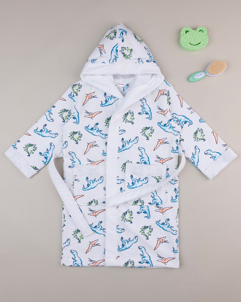 παιδικό μπουρνούζι σενίλ λευκό με δεινόσαυρους για αγόρι