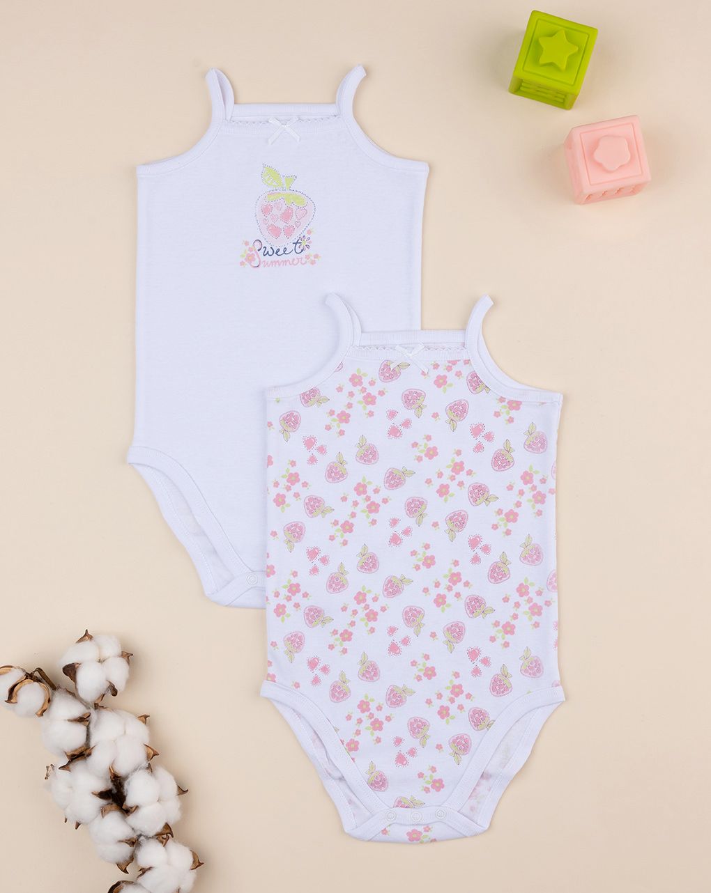 βρεφικά κορμάκια λευκά με φράουλες πακέτο x2 για κορίτσι