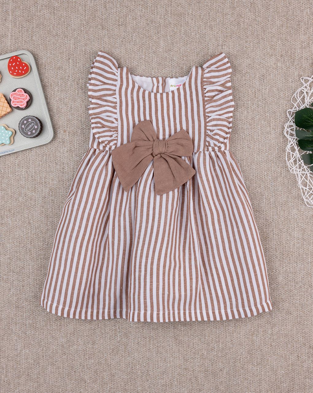 βρεφικό φόρεμα λινό ριγέ καφέ/λευκό για κορίτσι - Prénatal