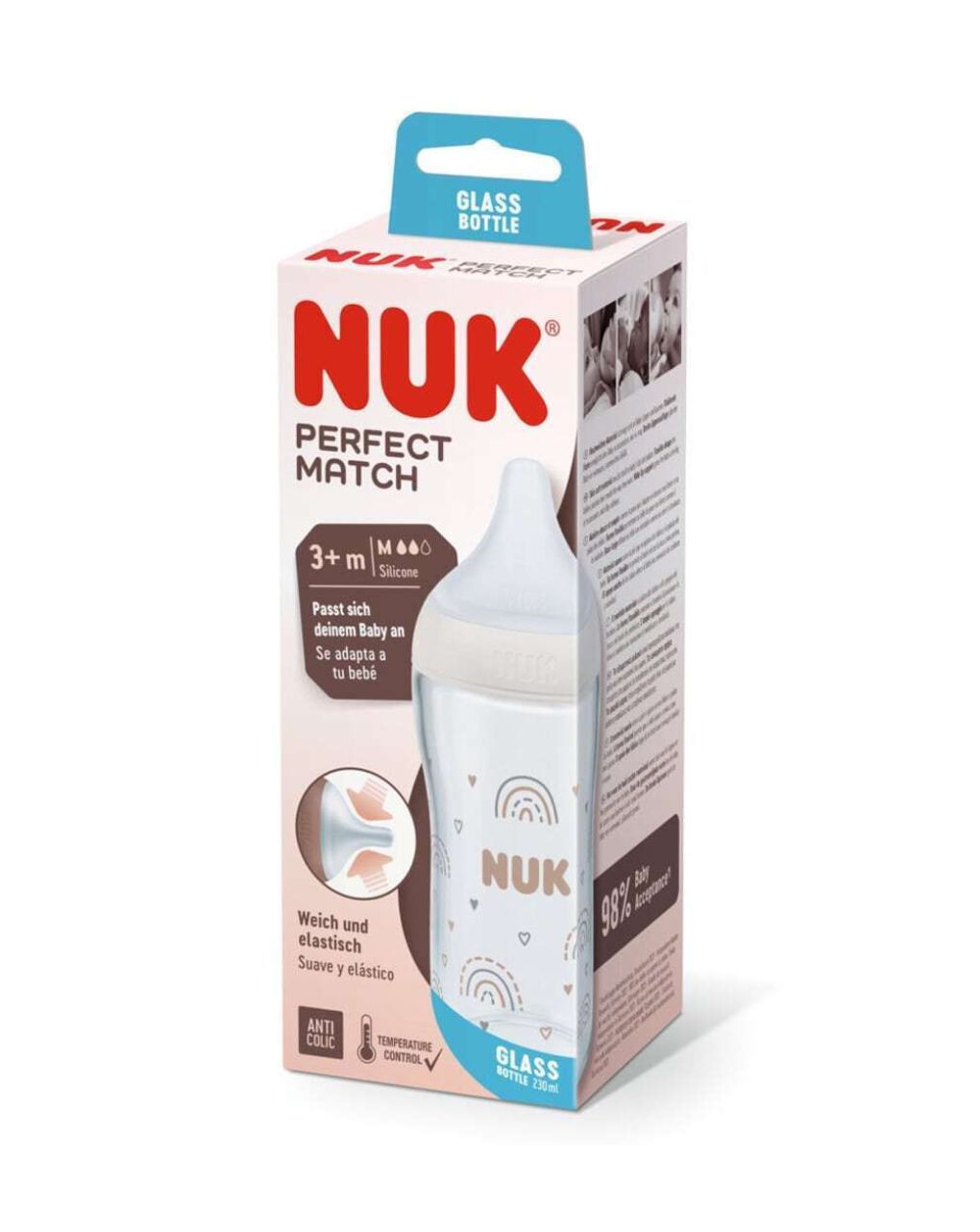 Nuk γυάλινο μπιμπερό perfect match 230ml με μαλακή θηλή σιλικόνης 3m+ rainbow 10212009 - Nuk