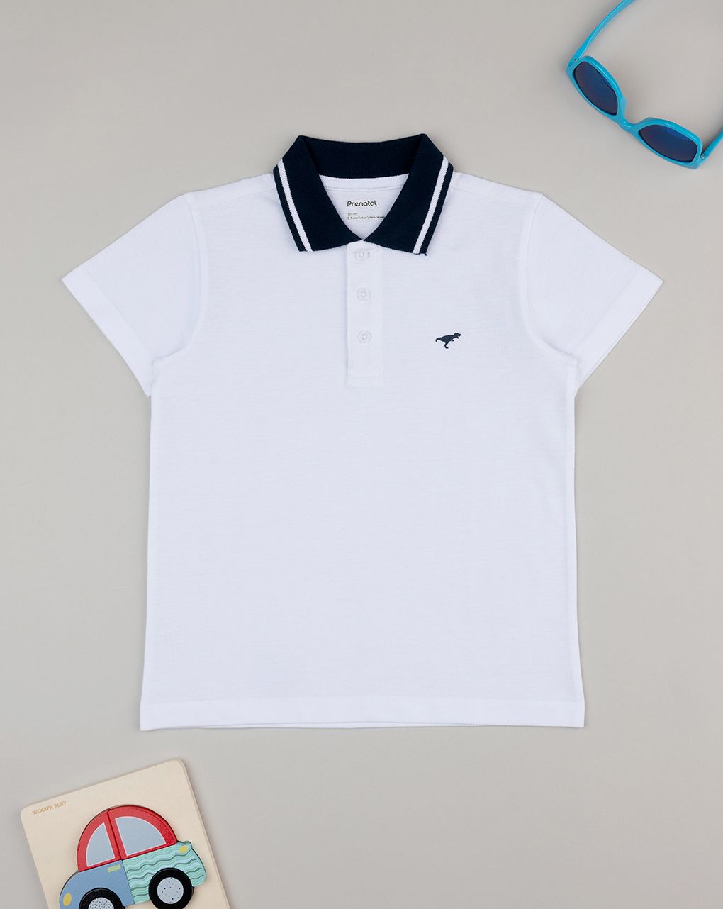 παιδικό t-shirt πικέ πόλο λευκό με δεινόσαυρο για αγόρι