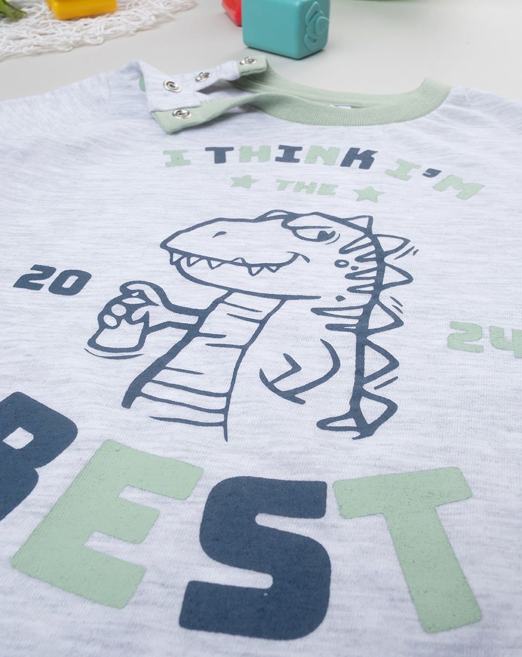 βρεφική πιτζάμα γκρι/λαδί με δεινόσαυρο για αγόρι - Prénatal