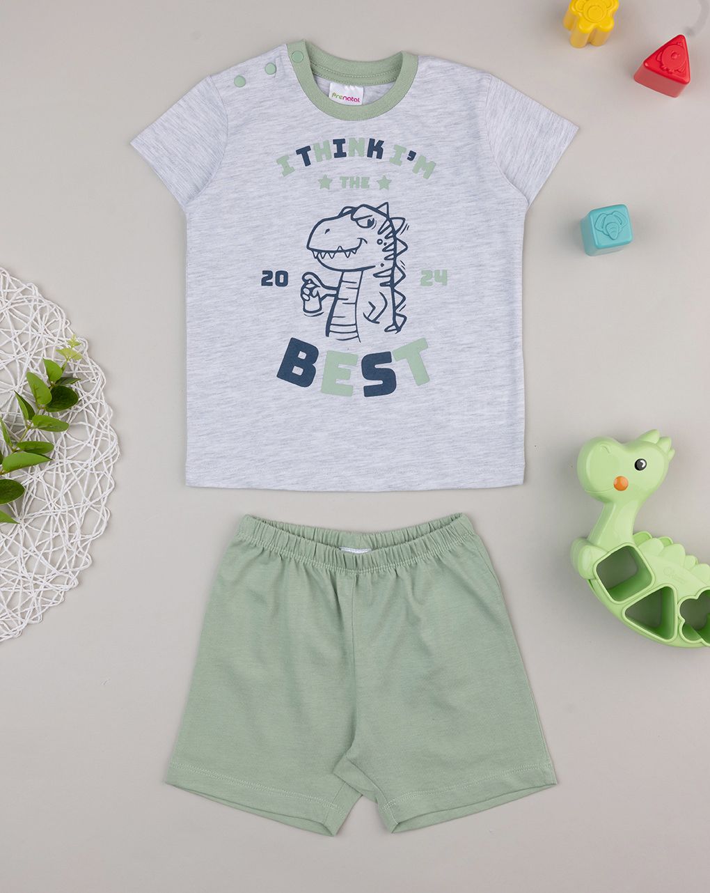 βρεφική πιτζάμα γκρι/λαδί με δεινόσαυρο για αγόρι - Prénatal