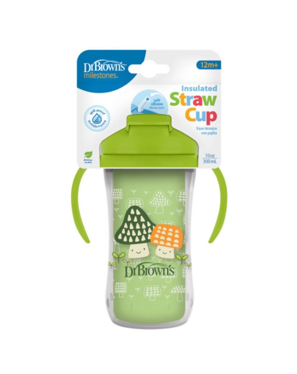 Dr. brown's παγούρι-θερμός με καλαμάκι & χερούλια 12m+ 300ml green mushrooms tc01203 - Dr Browns