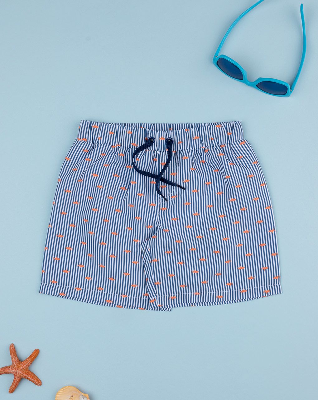 παιδικό μαγιό boxer ριγέ μπλε/λευκό με ψάρια για αγόρι
