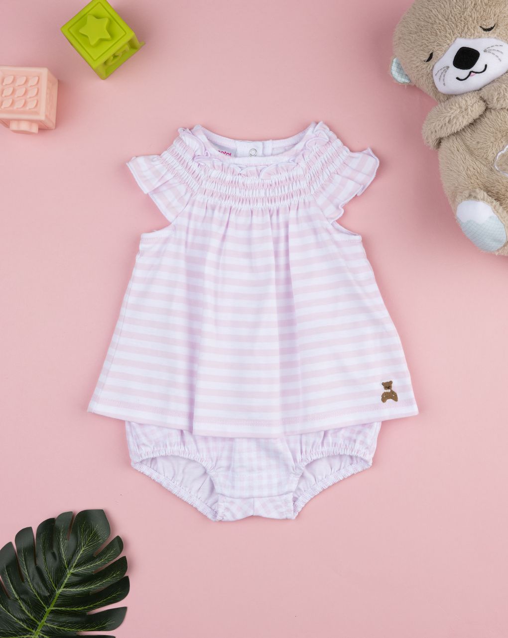 βρεφικό φορμάκι ριγέ ροζ/λευκό με αρκουδάκι για κορίτσι - Prénatal