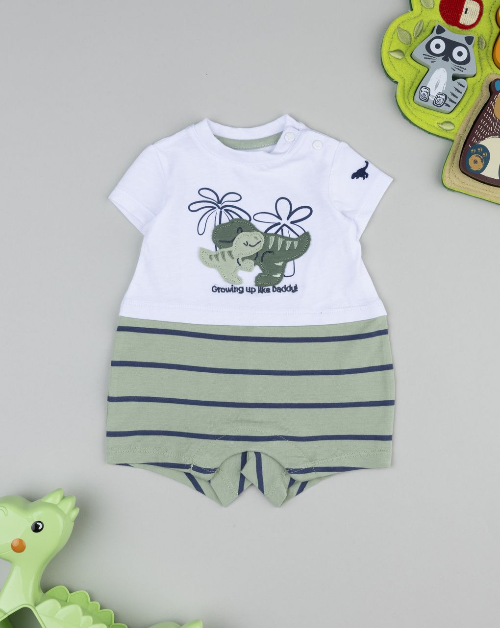 βρεφικό φορμάκι λευκό/πράσινο ριγέ με δεινόσαυρους για αγόρι - Prénatal