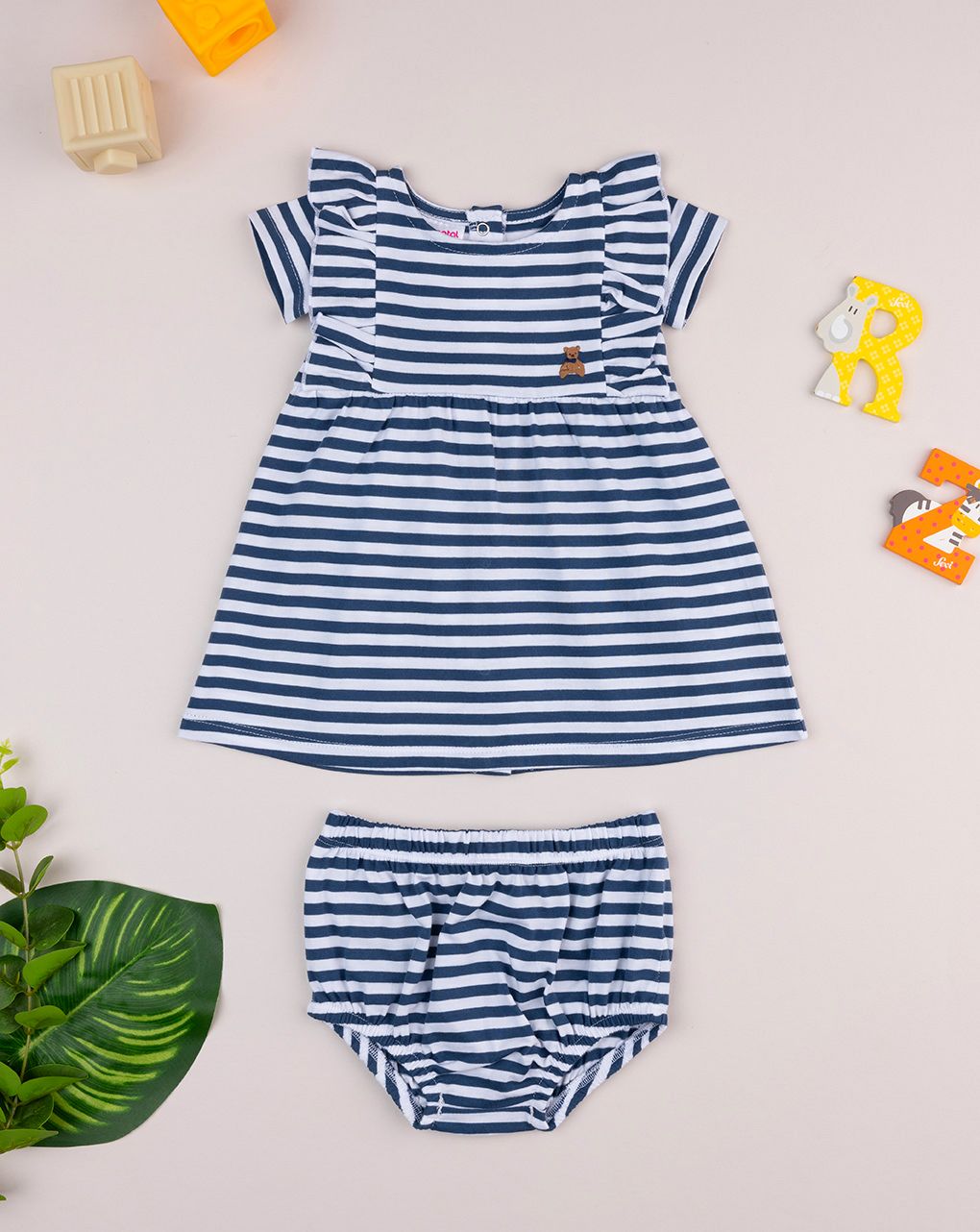 βρεφικό φόρεμα ριγέ μπλε/λευκό με αρκουδάκι για κορίτσι - Prénatal