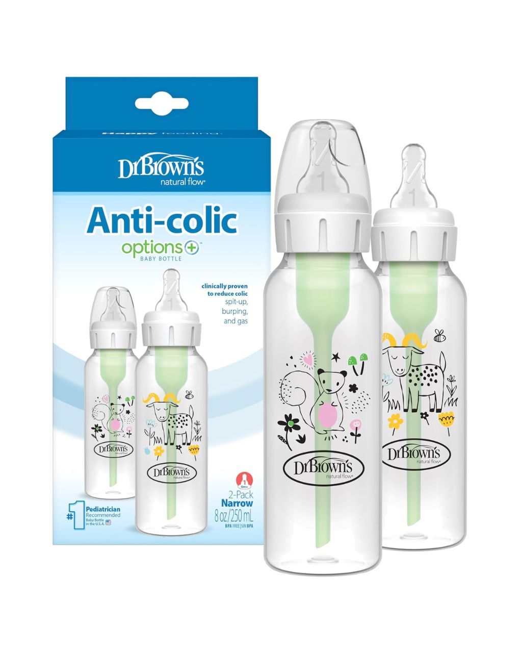 Dr. brown's options+ πλαστικό μπιμπερό 2τμχ με στενό λαιμό σκιουράκι+κατσικούλα 250ml sb82042 - Dr Browns