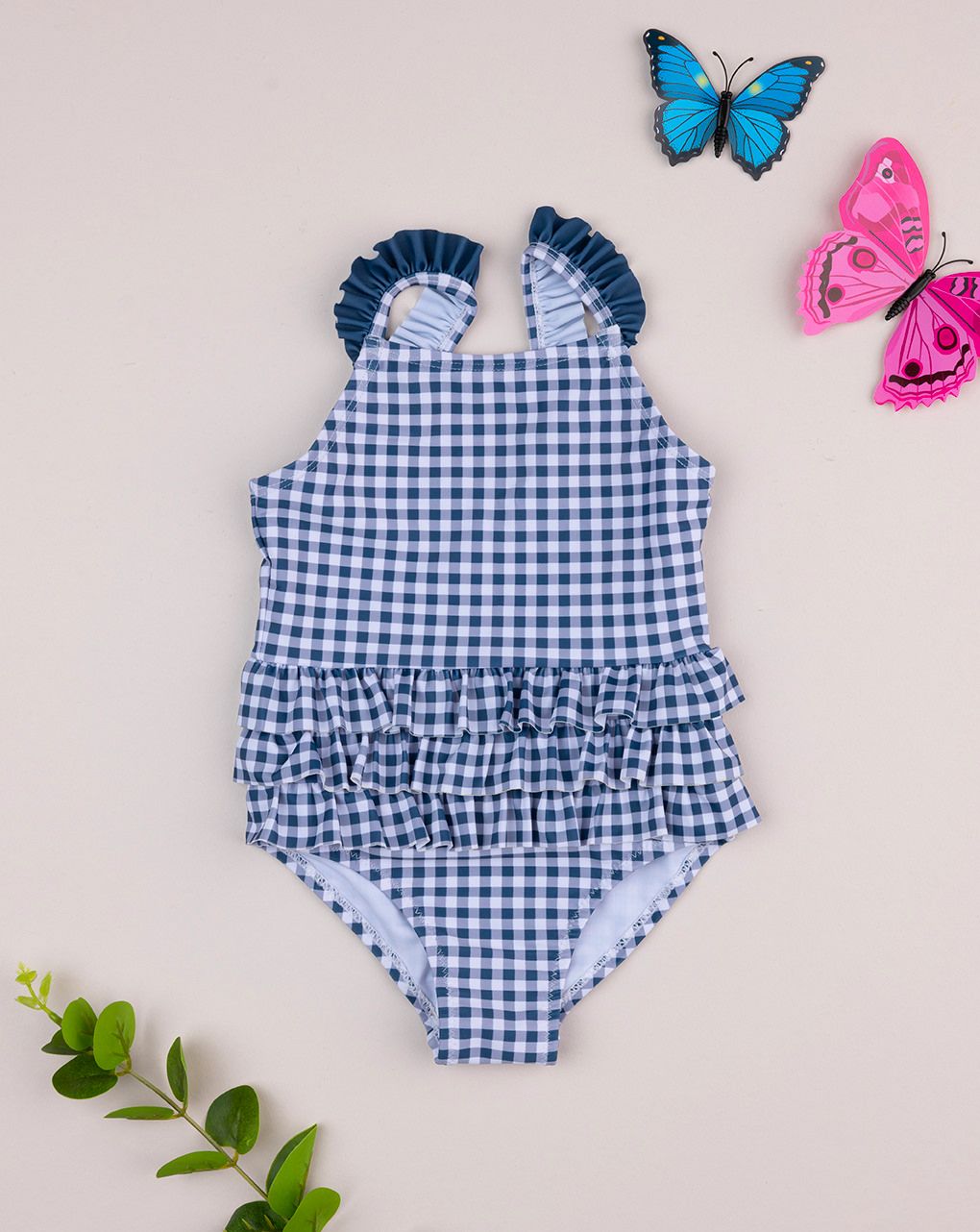 βρεφικό ολόσωμο μαγιό καρό vichy μπλε/λευκό για κορίτσι