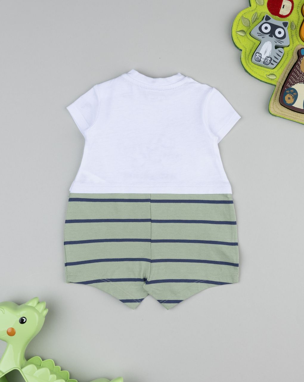βρεφικό φορμάκι λευκό/πράσινο ριγέ με δεινόσαυρους για αγόρι - Prénatal
